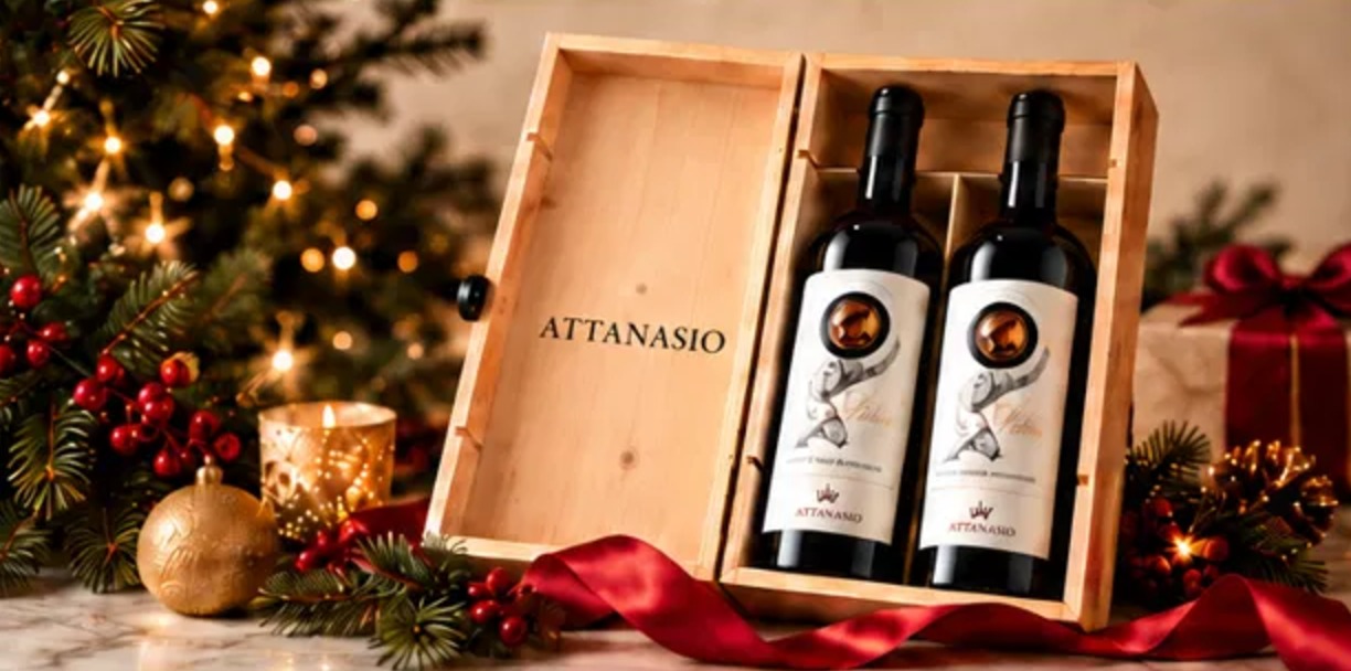 Cassetta Attanasio aperta con due bottiglie Atlas tra decorazioni natalizie
