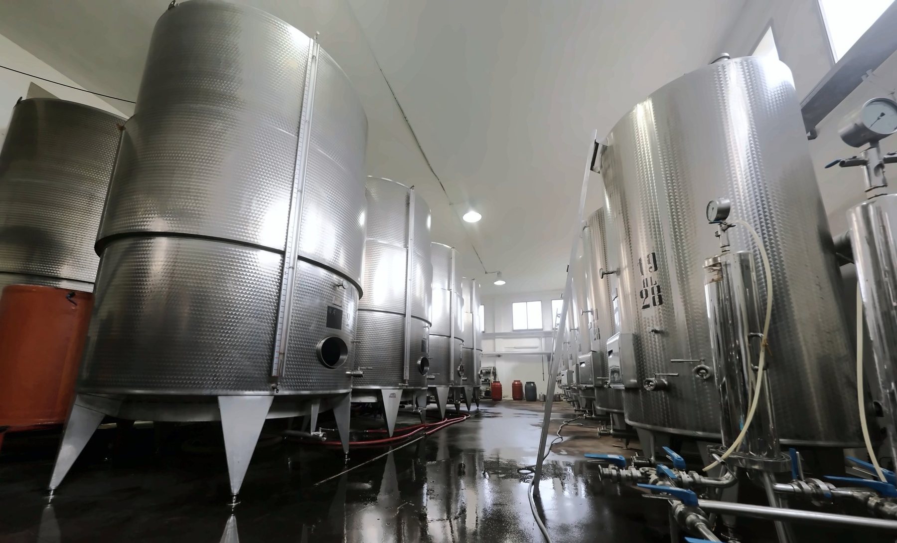 Serbatoi in acciaio lungo il corridoio della cantina